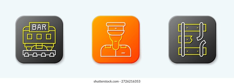 Set line Restaurant train, Train conductor and Broken rails railway icon. Vector