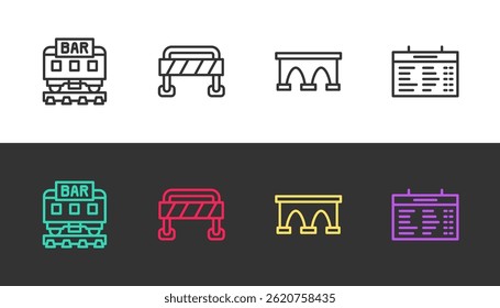 Set line Restaurant train, Road barrier, Bridge for and Train station board on black and white. Vector