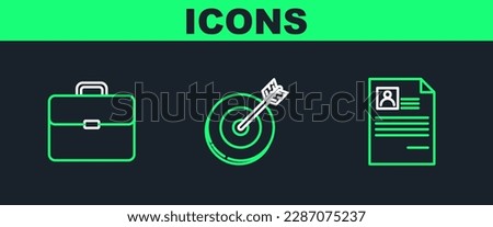 Set line Resume, Briefcase and Target icon. Vector