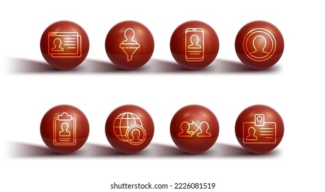 Set Line Resume, Zwischenablage mit Lebenslauf, Erstellen Sie Account-Bildschirm, Projekt-Team-Basis, Globus und Menschen, Head-Jagd, Identification-Button und Mobile-Symbol. Vektorgrafik