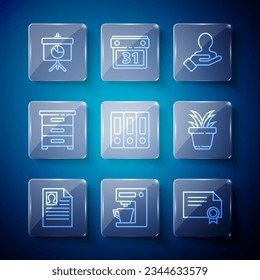 Set line Resume, Coffee machine, Certificate template, Hand for search people, Office folders, Drawer with documents, Chalkboard diagram and Plant pot icon. Vector