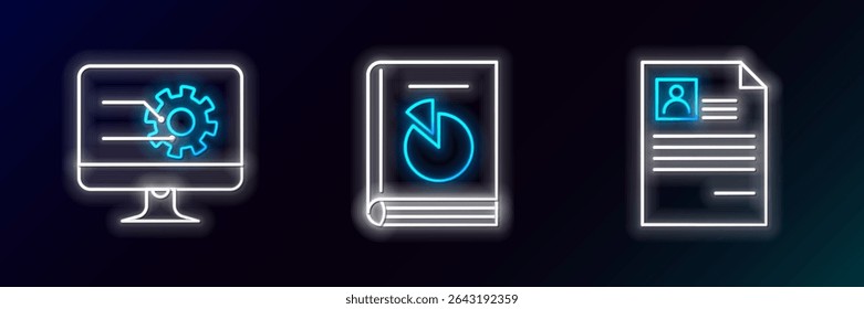 Set line Resume, Computer monitor with graph chart and User manual icon. Glowing neon. Vector