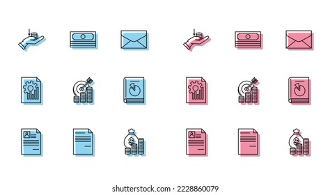 Set line Resume, Document, Money on hand, bag coin, Target with symbol, User manual, graph chart and Stacks paper money cash icon. Vector