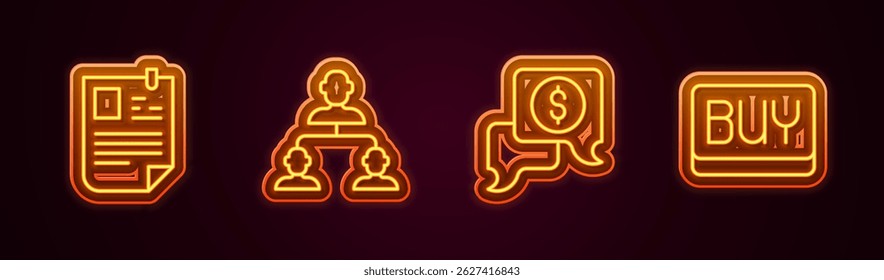 Set line Resume, Employee hierarchy, Business negotiations and Buy button. Glowing neon icon. Vector