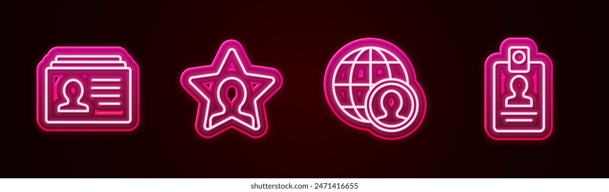 Set line Resume, Head hunting, Globe and people and Identification badge. Glowing neon icon. Vector