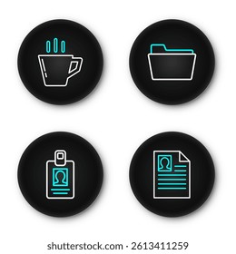 Set line Resume, Identification badge, Document folder and Coffee cup icon. Vector