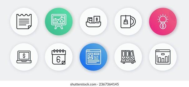Set line Resume, Light bulb with dollar, Laptop, Office folders, Cup of tea, Cargo ship boxes delivery, Browser stocks market and Calendar icon. Vector