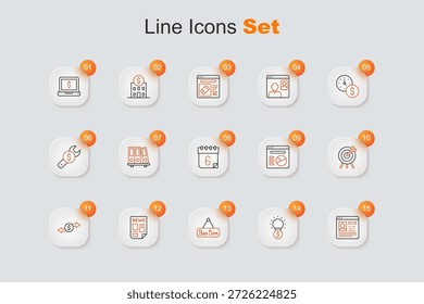Set line Resume, Light bulb with dollar, From 9 to 5 job, News, Money exchange, Target financial goal, Pie chart infographic and Calendar icon. Vector