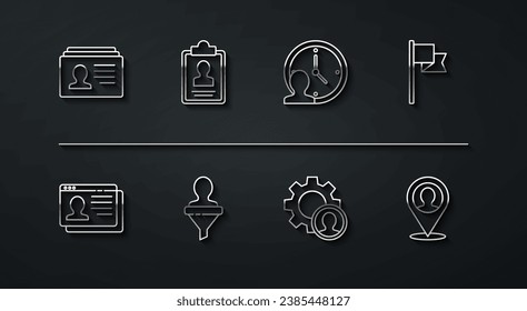 Establecer línea Reanudar, Marcador de ubicación, Caza de cabezales, Portapapeles con currículum, persona e icono de administración de tiempo. Vector