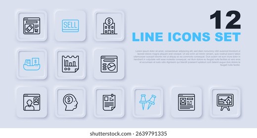 Set line Resume, Monitor with graph chart, Document, Push pin, Cargo ship boxes delivery, Business man planning mind, Sell button and  icon. Vector