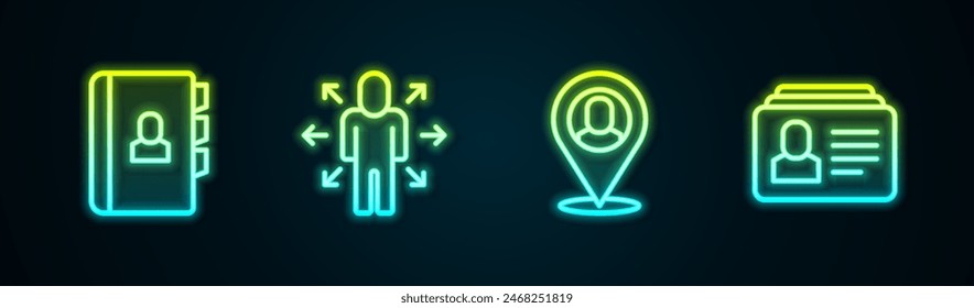 Establecer la línea Reanudar, el administrador de multitareas de trabajo, la ubicación del trabajador y . Icono de neón brillante. Vector
