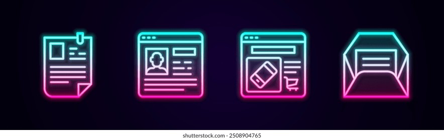 Set line Resume, Online shopping on screen and Envelope. Glowing neon icon. Vector