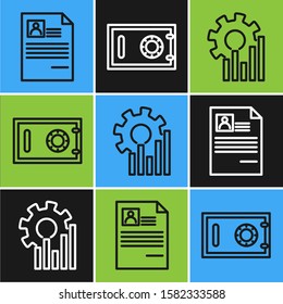Set line Resume, Pie chart infographic and Safe icon. Vector