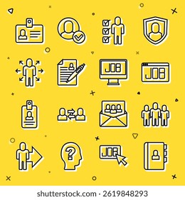 Set line Resume, Project team base, Search job, Multitasking manager working, Identification badge and  icon. Vector