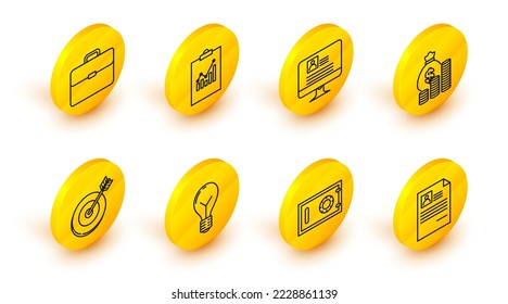 Set line Resume, Safe, Light bulb with concept of idea, Target, Money bag and coin, Computer monitor resume, Clipboard graph chart and Briefcase icon. Vector