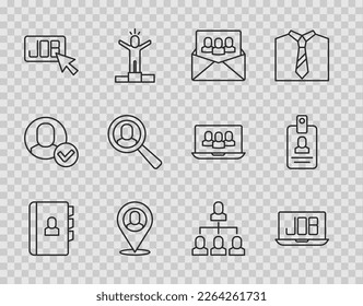 Set line Resume, Search job, Project team base, Worker location, Magnifying glass for search, Employee hierarchy and Identification badge icon. Vector