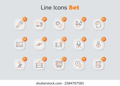 Set line Resume, Time is money, Board with graph, Envelope, Dollar plant, Business investor, Office chair and Mail and e-mail icon. Vector