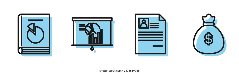 Set line Resume, User manual, Board with graph chart and Money bag icon. Vector