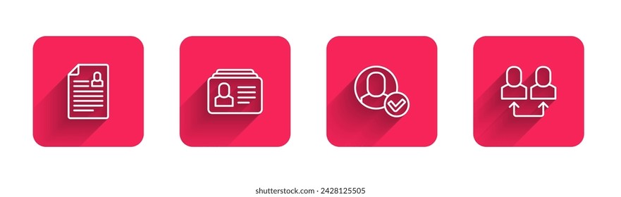 Set line Resume, Worker and Exchange work with long shadow. Red square button. Vector