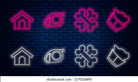 Set line Retractable cord leash with carabiner, Crossed bones, Dog house and Veterinary clinic symbol. Glowing neon icon on brick wall. Vector