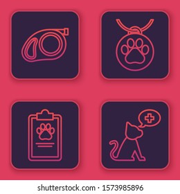 Set line Retractable cord leash with carabiner, Clipboard with medical clinical record pet, Collar with name tag and Veterinary clinic symbol. Blue square button. Vector