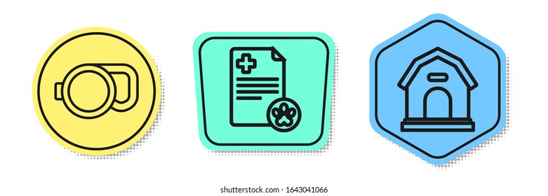 Set line Retractable cord leash, Clipboard with medical clinical record pet and Dog house. Colored shapes. Vector
