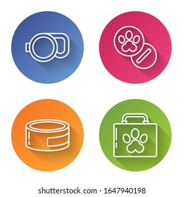 Set line Retractable cord leash, Dog and pills, Canned food and Pet first aid kit. Color circle button. Vector