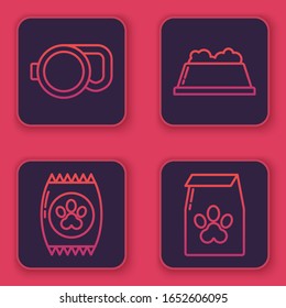 Fije la línea de correa retráctil, Bolsa de alimentos para mascotas, Cubeta de comida para mascotas y Bolsa de alimentos para mascotas. Botón cuadrado azul. Vector