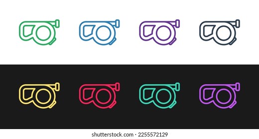 Set line Retractable cord leash with carabiner icon isolated on black and white background. Pet dog lead. Animal accessory for outdoors walk.  Vector