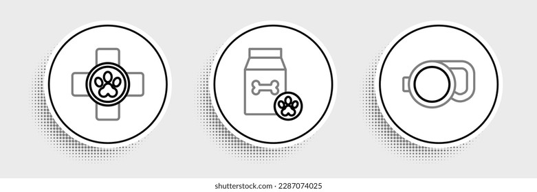 Set line Retractable cord leash, Veterinary clinic symbol and Bag of food for pet icon. Vector