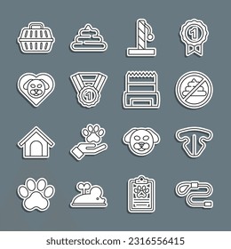 Fijar la línea Correa del cable retráctil, nariz del gato, No mierda, poste de arañazos, símbolo de premio del perro, Corazón con perro, Maleta de la mascota e icono de la bolsa. Vector