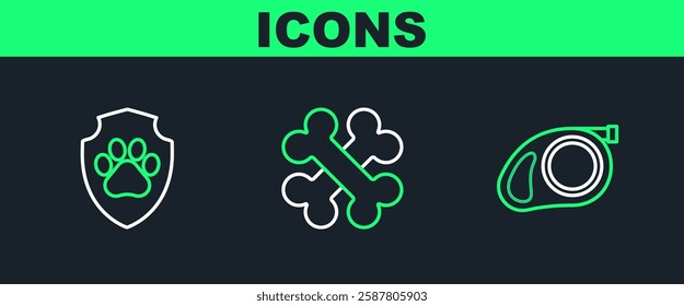 Set line Retractable cord leash with carabiner, Animal health insurance and Crossed bones icon. Vector