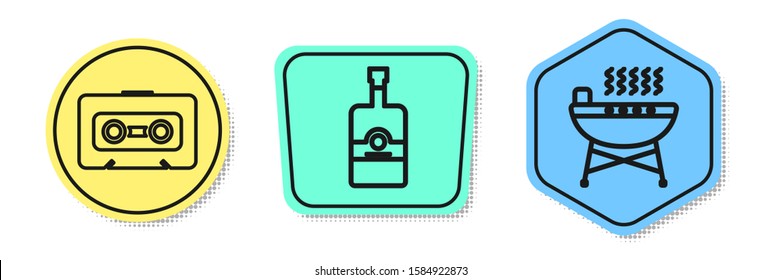 Set line Retro audio cassette tape , Whiskey bottle  and Barbecue grill . Colored shapes. Vector