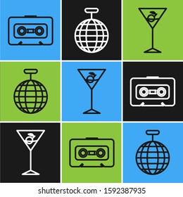 Set line Retro audio cassette tape , Martini glass  and Disco ball  icon. Vector