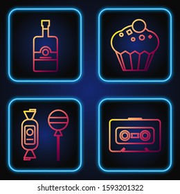 Set line Retro audio cassette tape , Lollipop , Whiskey bottle  and Muffin . Gradient color icons. Vector