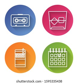 Set line Retro audio cassette tape , Glass of whiskey and ice cubes , Open cigarettes pack box  and Detailed calendar . Color circle button. Vector