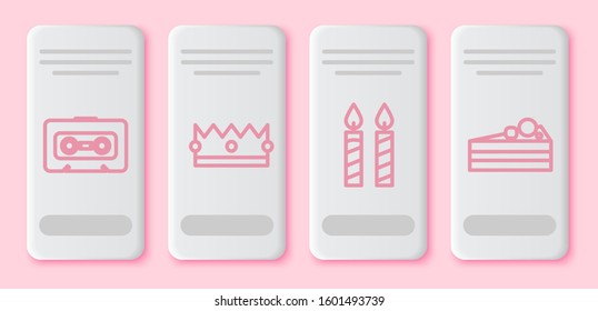 Set line Retro audio cassette tape , Crown , Birthday cake candles  and Cake . White rectangle button. Vector