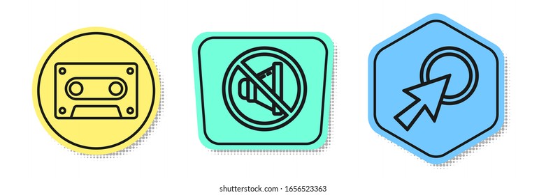 Ajuste la cinta de audio Retro, el silenciador del altavoz y el cursor de flecha. Formas coloreadas. Vector