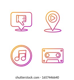 Establecer la línea Cinta de audio Retro, Nota musical, tono, Desagrado en la burbuja de voz y Reproducción de medios digitales con ubicación. Iconos de color degradado. Vector