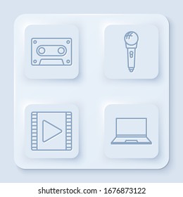 Set line Retro audio cassette tape, Microphone, Play Video and Laptop. White square button. Vector