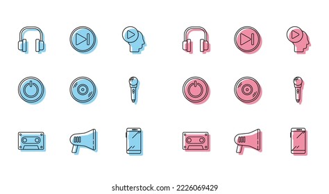 Set line Retro audio cassette tape, Megaphone, Headphones, Smartphone, mobile, Vinyl disk, Microphone, Power button and Fast forward icon. Vector