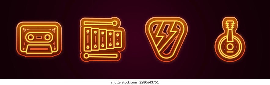 Set line Retro audio cassette tape, Xylophone, Guitar pick and Banjo. Glowing neon icon. Vector