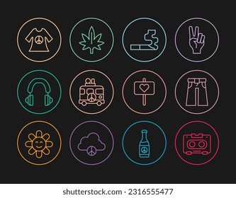Set line Retro audio cassette tape, Jeans wide, Cigarette, Hippie camper van, Headphones, Peace dress print stamp,  and Marijuana icon. Vector