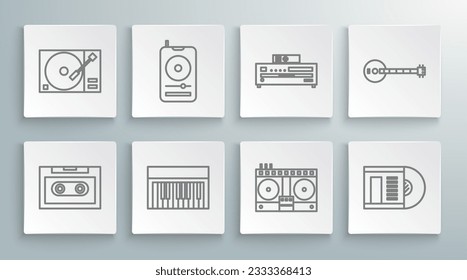 Set line Retro audio cassette tape, Music player, synthesizer, DJ remote for playing and mixing music, Vinyl disk, CD, Banjo and with vinyl icon. Vector