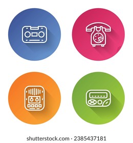 Set line Retro audio cassette tape, Telephone handset, Cassette player and Pager. Color circle button. Vector