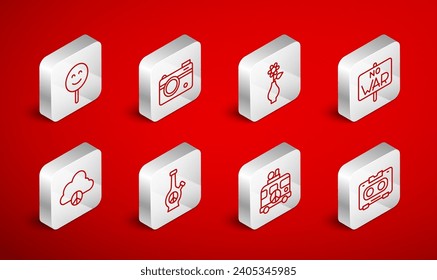 Set line Retro audio cassette tape, Photo camera, Flower in vase, No war, Hippie camper van, Smile face, Bong and Peace cloud icon. Vector