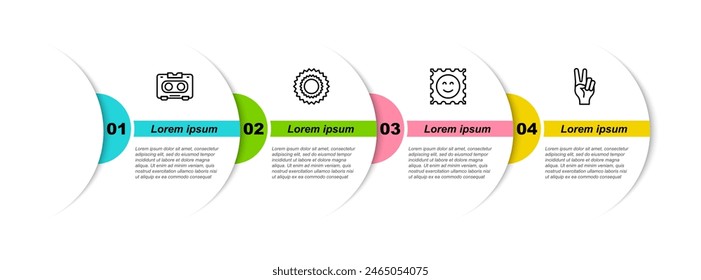 Ajuste de línea Cinta de audio retro, Sun, marca de ácido LSD y símbolo de paz. Plantilla de infografía de negocios. Vector