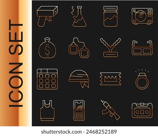 Cinta de audio retro, anillo de diamantes, gafas, bolsa de plástico de la droga, esposas, dinero, pistola e icono de la cadena de rapero. Vector