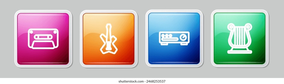 Set line Retro audio cassette tape, Electric bass guitar, Sound mixer controller and Ancient Greek lyre. Colorful square button. Vector