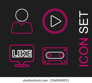 Set line Retro audio cassette tape, Like in speech bubble, Play circle and Add to friend icon. Vector